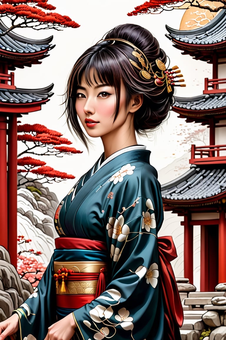 Textures,caligraphic line art japanese woman and temple ink color style ,Comic book,cartoon,intricate details,sharp focus,3d, high resolution,chans,wong-chans,chan-wong