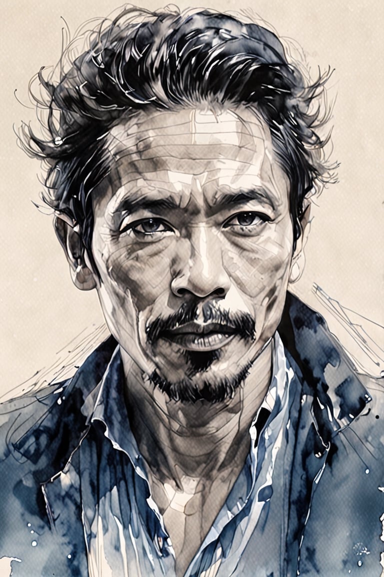 pencil Sketch of a cool indonesia man 45 years old, with black hair,alluring, portrait by Charles Miano, ink drawing, illustrative art, soft lighting, detailed, more Flowing rhythm, elegant, low contrast, add soft blur with thin line, full lips, black eyes, blue clothes,,dewong