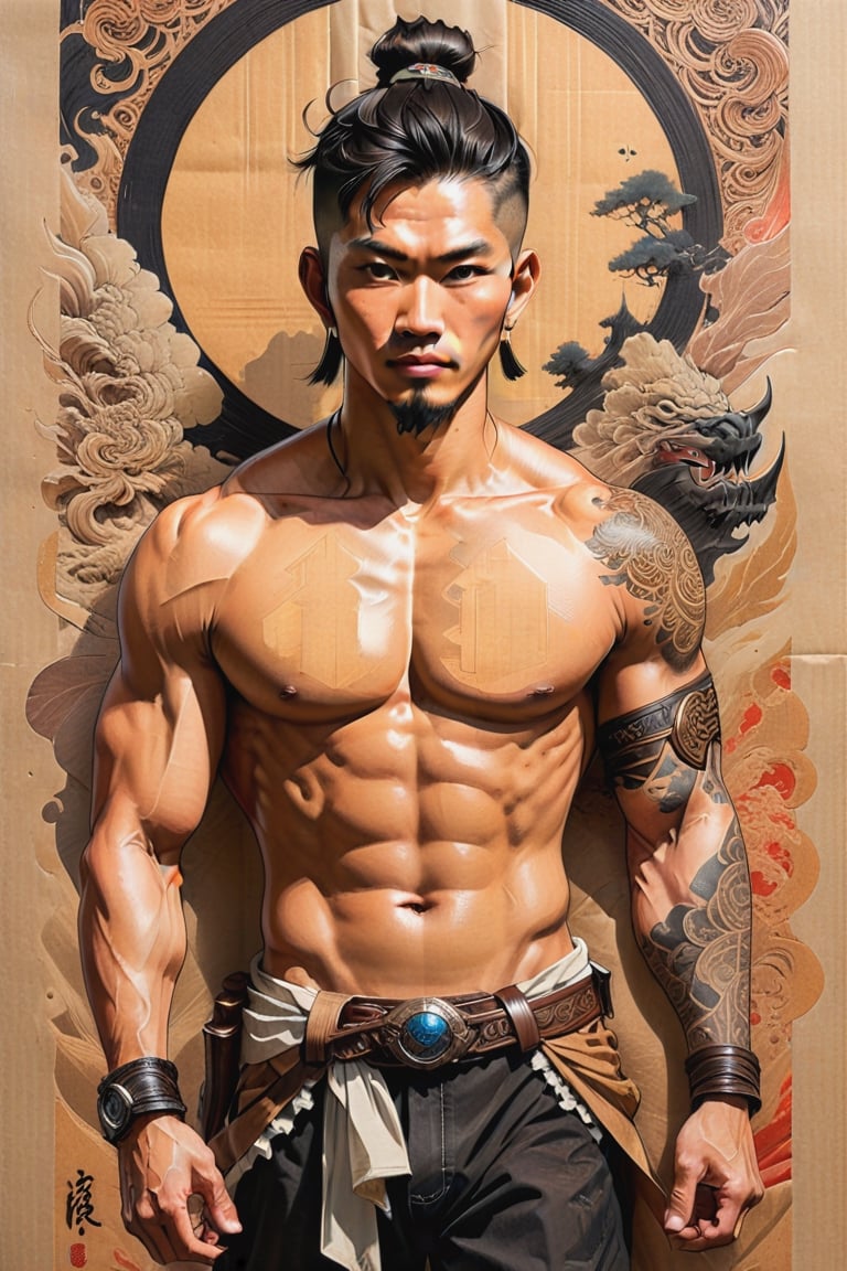 Black and brown drawing of Asian outdoors man, David Benzal , on kraft paper, Karl Kopinski, fantasy, highly detailed, Vlop and Krenz Cushart, ornate detailing, Jean-Sebastian Rossbach, James Gene