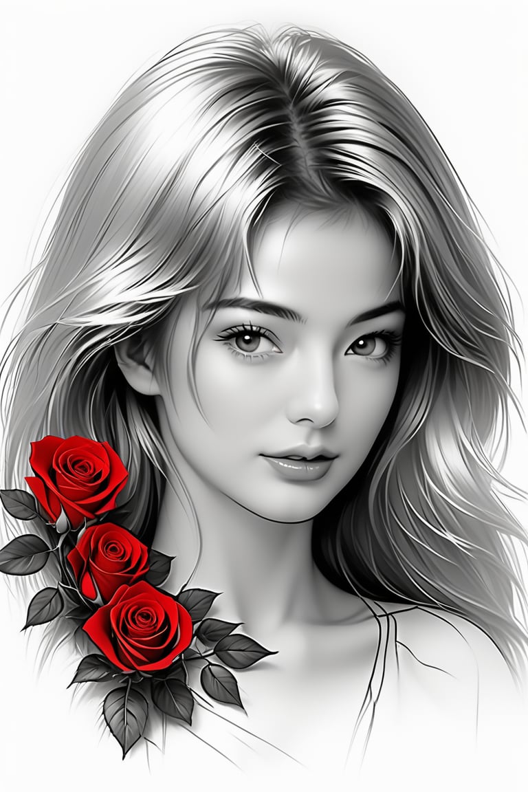 outline woman face, blond hair with red roses, b&w sketch drawing style,
fine line, white background, elegant vibes, glamour, inspired by Boris Vallejo,
Raphael, Caravaggio, Michelangelo, 3D, 32k,wongjepun2