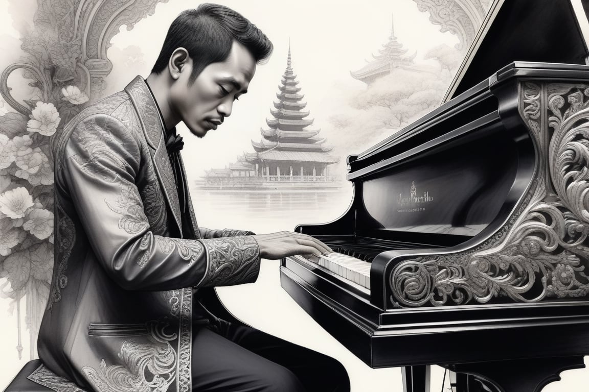 fineliner pen and ink wash drawing ofa close up of a Indonesia man playing a Piano, Karl Kopinski, fantasy, highly detailed, Vlop and Krenz Cushart, ornate detailing, Jean-Sebastian Rossbach, James Gene, ,wongapril