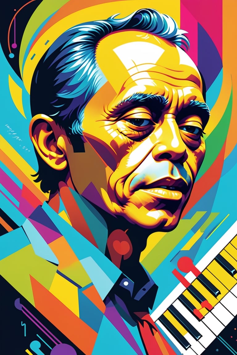 concept poster a Indonesia 45 years man, a half body portrait at musical notes, digital artwork by tom whalen, bold lines, vibrant, saturated colors, wpap,detailed fac,Vibrant colors palettes,wongapril