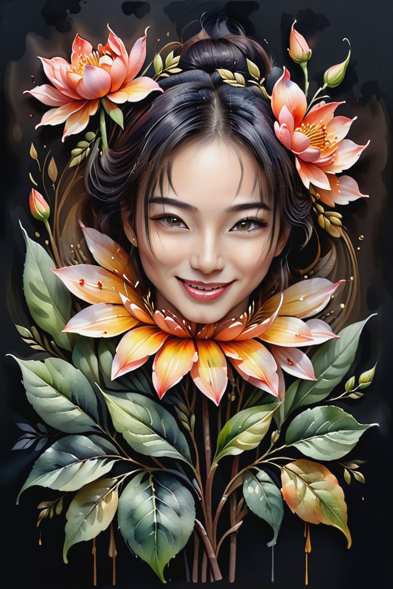 A hidden smile, a secret, who knows? Watercolors completely dark. Black colors and flowers. No background. Captured with exquisite detail on a canvas painting, the mesmerizing image evokes a sense of wonder and enchantment, showcasing the exquisite beauty of this unique creature.
3D, Magical, Fabulous, Masterpiece Painting, Highly Detailed, Captivating, Enchanting, Diffuse Light, Perfect Composition, Watercolor, Trending on Artstation, Sharp Focus, Studio Photo, Intricate Details, Highly Detailed, by Greg Rutkowski, Watercolor, Trending on Artstation, Sharp Focus, studio photo, intricate details, very detailed,chan-wong