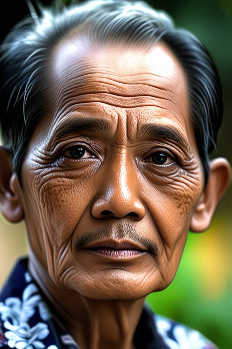 a half body portrait, Indonesia man 70 years old, black eyes,black hair, close up portrait,  details,high resolution,4k,ebes