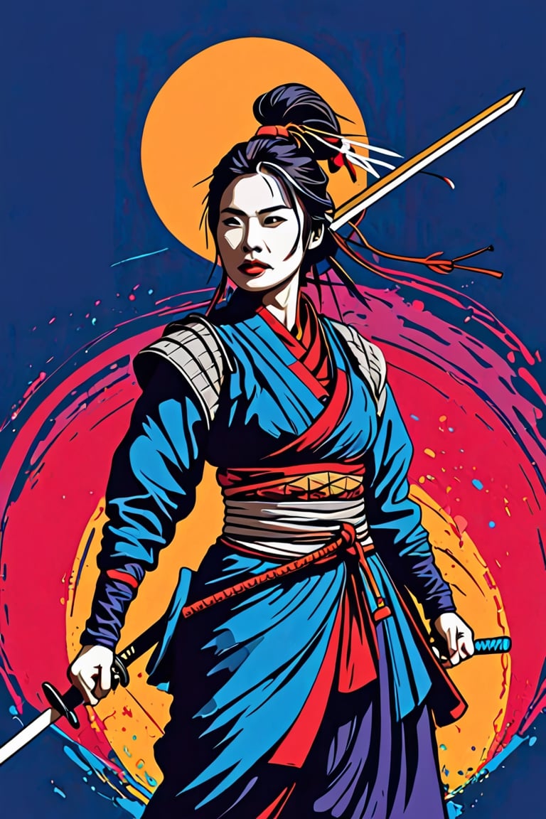 Japanese woman warrior, digital artwork, bold lines, vibrant, simplify vector, saturated colors,AiArtV,chan-wong,dabuFlatMix_v10.safetensors