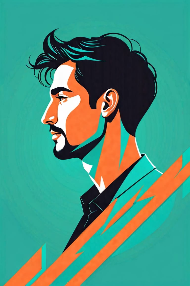 logo, vector art, a man, dark thin hair, cool face, profile, slim, flirty, cute, gentle, tosca, orange color, gracefulness, modern art,saguplo