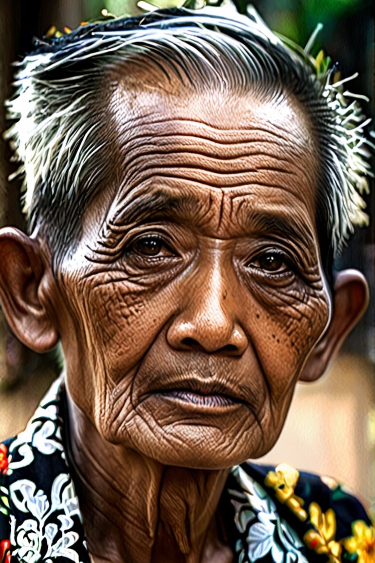 a half body portrait, Indonesia old man , black eyes,black hair, close up portrait,  details,high resolution,4k,ebes