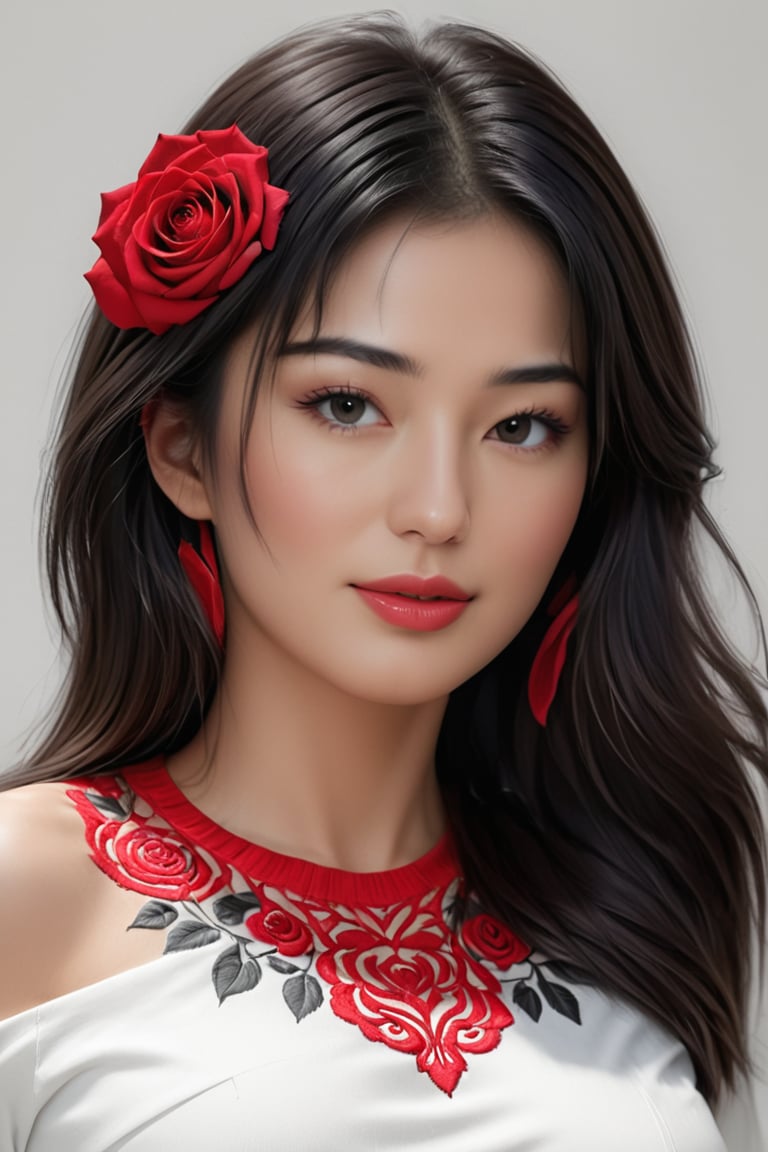 outline woman face, black hair with red roses, b&w sketch drawing style,
fine line, white background, elegant vibes, glamour, inspired by Boris Vallejo,
Raphael, Caravaggio, Michelangelo, 3D, 32k,wongjepun2