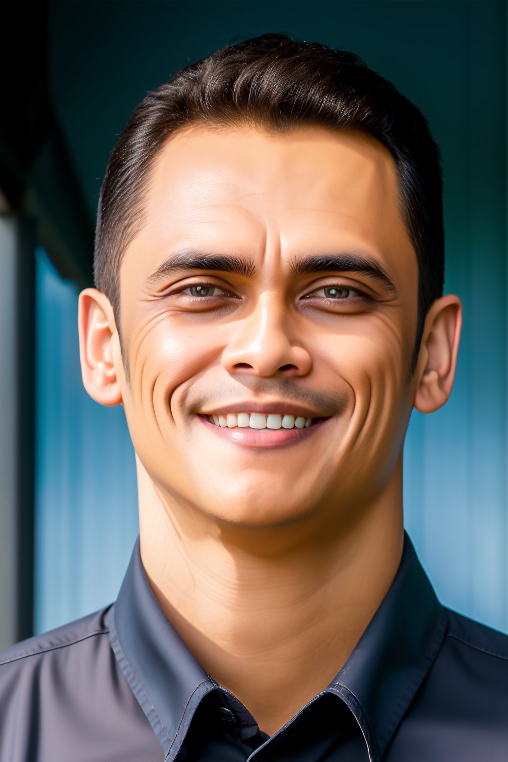 A photograph of a handsome young man, indonesian, 40 yo, fit, light brown skin, black hair, ((men's hair parted to the left), dark brown eyes, WEARING WHITE COLLARED SHIRT AND WEARING DARK BLUE JEANS, Standing, height 180 cm, mischievous smile,  oval  face, slightly fat face, thin eyebrows, round chin, chubby cheeks, facial jaw does not protrude, no facial jaw visible, men's hair parted to the left
,WONG-TERMINATOR2