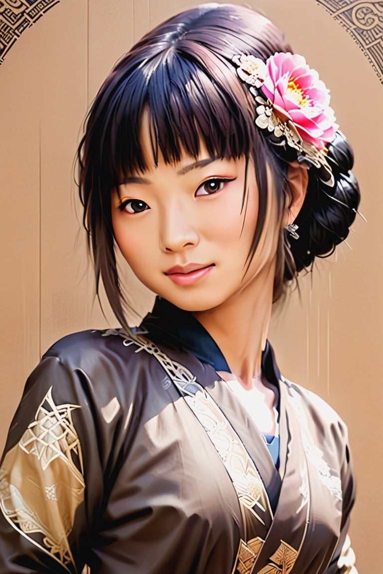 Black and brown drawing of an Japanese Woman, on kraft paper, Karl Kopinski, fantasy, highly detailed, Vlop and Krenz Cushart, ornate detailing, Jean-Sebastian Rossbach, James Gene,CEO,wong-chan