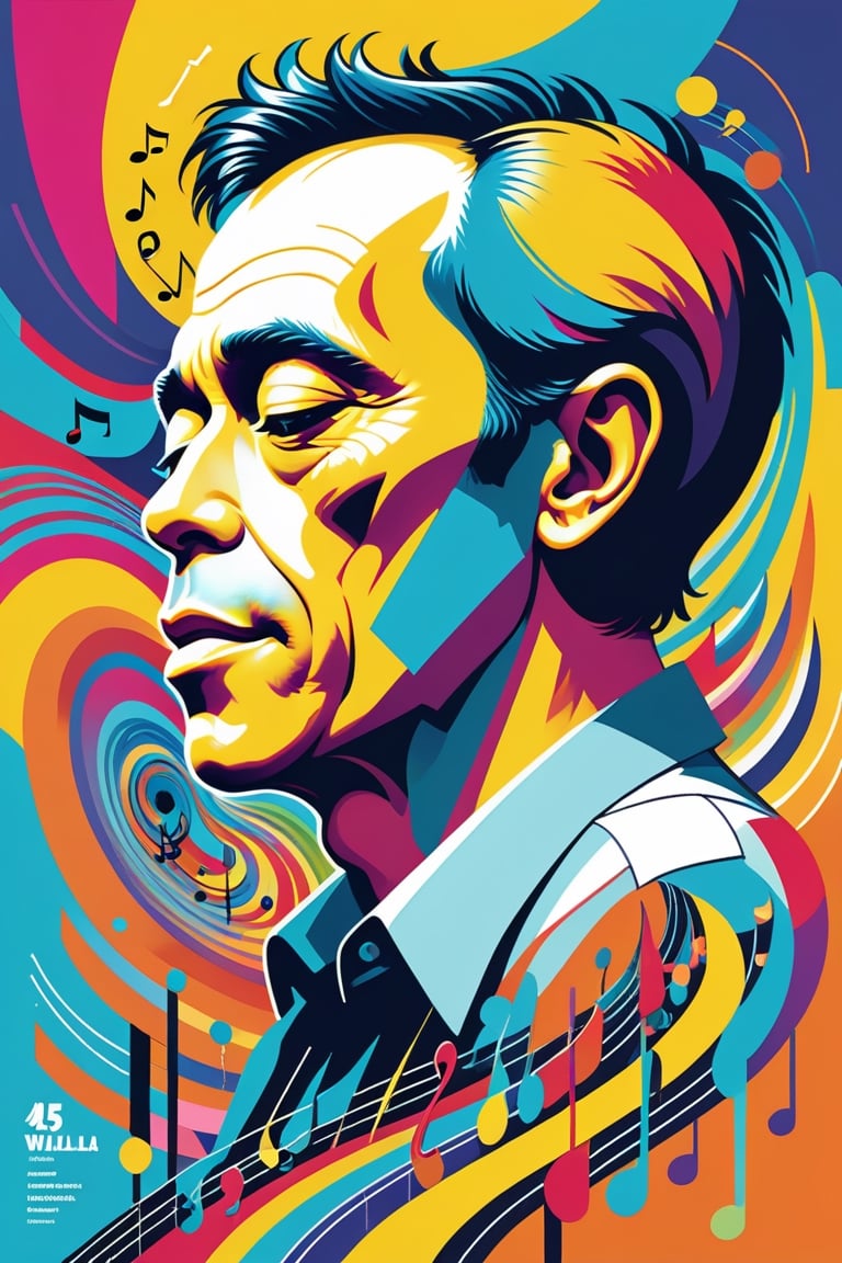 concept poster a Indonesia 45 years man, a half body portrait at musical notes, digital artwork by tom whalen, bold lines, vibrant, saturated colors, detailed fac,Vibrant colors palettes,wongapril