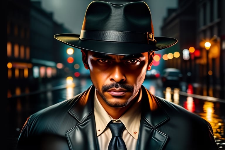 impactful paint of a a detective walks in the middle of a rainy night, with his hat off, staring intently at the camera, highly detailed, 8k, sharp, professional, clear, high contrast, high saturated, vivid deep blacks