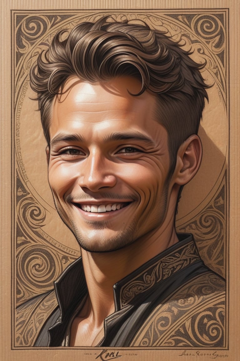 Black and brown drawing of an outdoor man, sly smile from under forehead, on kraft paper, Karl Kopinski, fantasy, highly detailed, Vlop and Krenz Cushart, ornate detailing, Jean-Sebastian Rossbach, James Gene,ebes