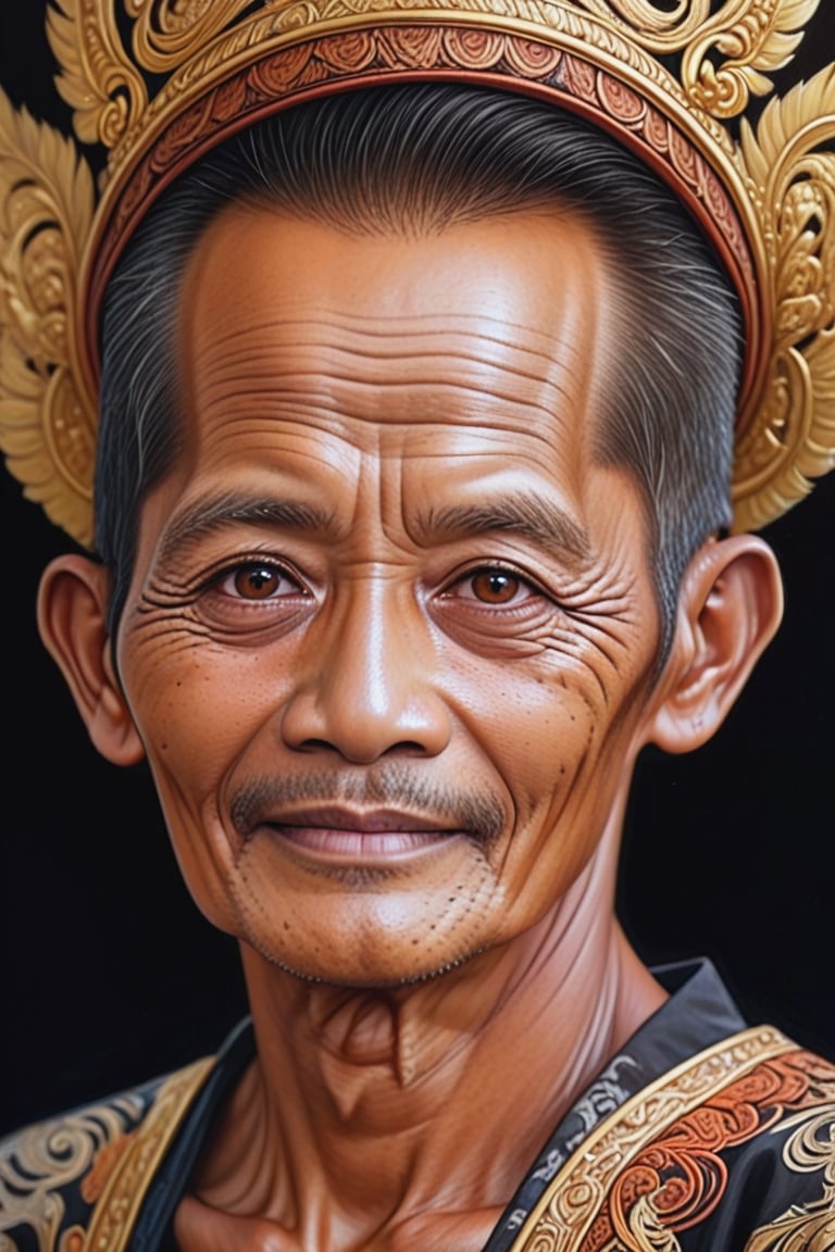 Black and brown drawing of a man,65 years old, BLACK eyes, Indonesia,little smile from under forehead, Karl Kopinski, fantasy, highly detailed, Vlop and Krenz Cushart, ornate detailing, Jean-Sebastian Rossbach, James Gene,ebes,ebezz,ebesiyasku