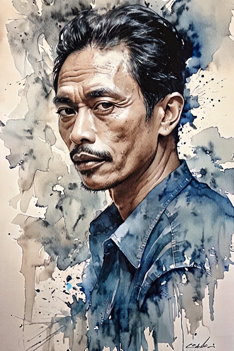 pencil Sketch of a cool indonesia man 45 years old, with black hair,alluring, portrait by Charles Miano, ink drawing, illustrative art, soft lighting, detailed, more Flowing rhythm, elegant, low contrast, add soft blur with thin line, full lips, black eyes, blue clothes,wongapril