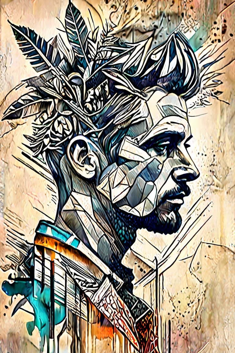 Sketch of a design man, new grunge style, texture,ink colored style,  intricate details, sharp focus, 3d, double exposure, high resolutionh, ebes,pencil sketch,ebes