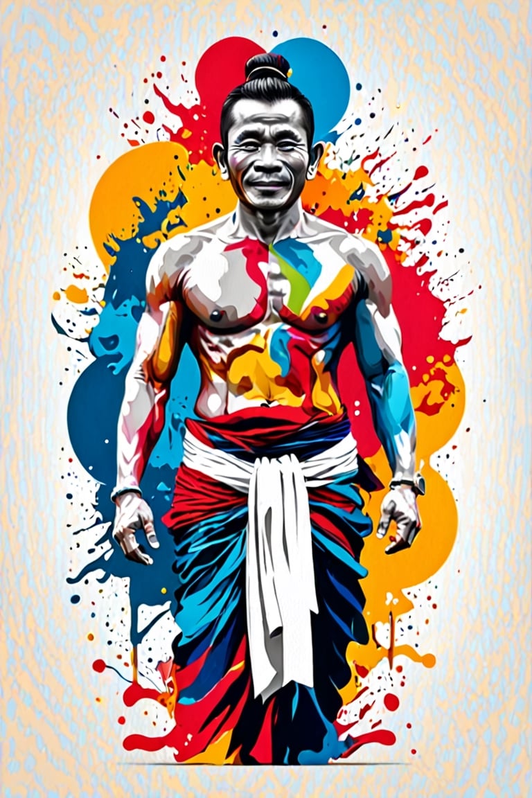 a Indonesia man  symetrical, vector illustration, Leonardo Style,oni style, color splash,ribbons, vibrant, full figure, ((upper body)),ebesiyasku