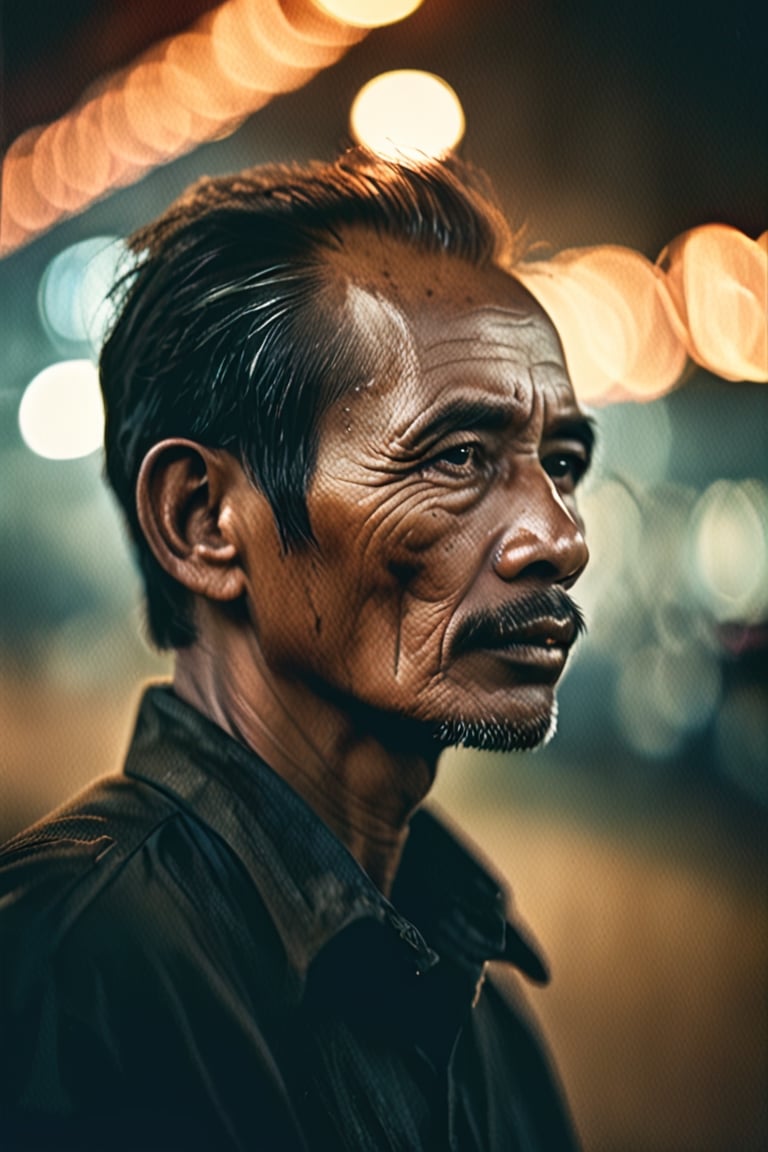 Side View of Indonesia man, 40 years,
atmospheric haze, Film grain, cinematic film still, shallow depth of field, highly detailed, high budget, cinemascope, moody, epic, OverallDetail, 2000s vintage RAW photo, photorealistic, candid camera, color graded cinematic, eye catchlights, atmospheric lighting, imperfections, natural, shallow dof,face,ebezz