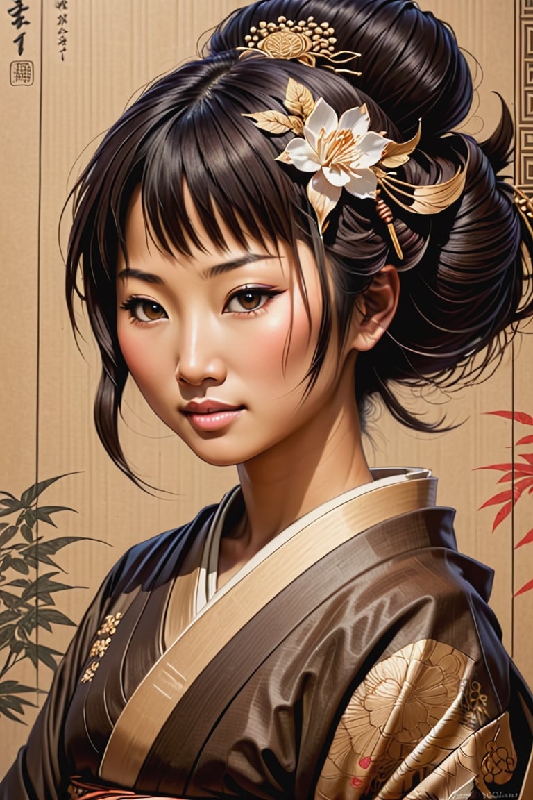 Black and brown drawing of an Japanese Woman, on kraft paper, Karl Kopinski, fantasy, highly detailed, Vlop and Krenz Cushart, ornate detailing, Jean-Sebastian Rossbach, James Gene,CEO,wong-chan,face,chans