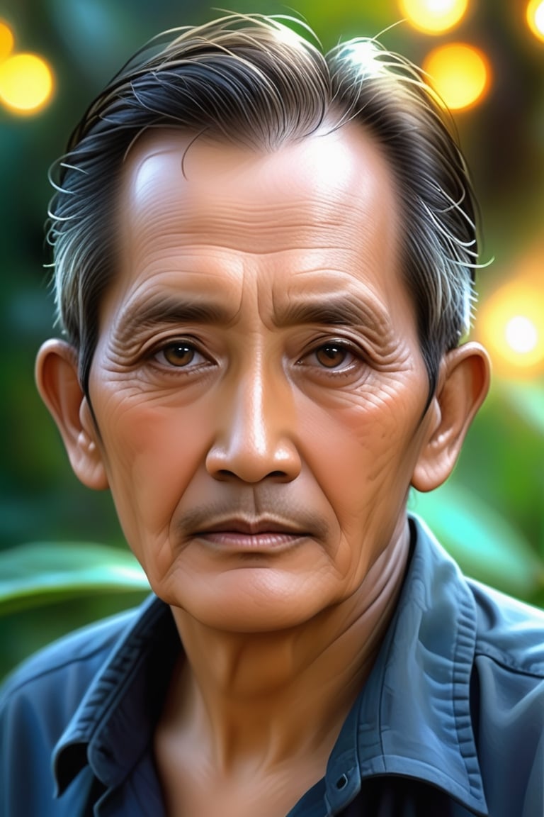 indonesian male 75 years , realistic, male, (color), post-production, dark eyes, (highest quality), A close-up of a somewhat vicissitudes of an aged male with a deep expression, deep eyes, serious, fireflies, Steve Henderson style,ebes,Masterpiece