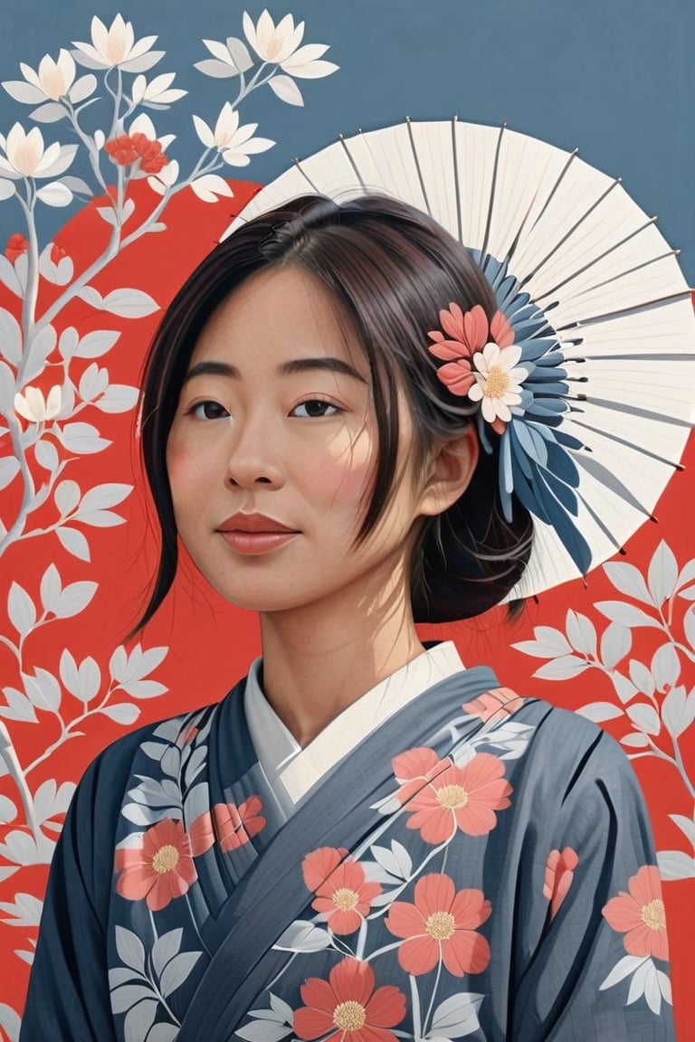 Young japanese Woman, with blue sky, in the style of john holcroft, whimsical floral scenes,light silver and light red, minimalist illustrator, cfa voysey, linear elegance,chan-maret-wong