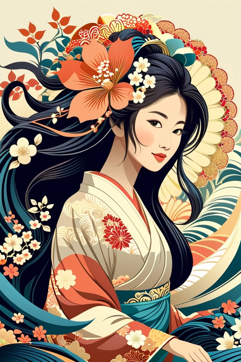 vector art, flat coloring, cel shaded, cel shading, illustration, vector illustration, vector coloring, Antique Grunge aesthetic, a alluring jAPANESE woman with flowing hair made entirely of flowers, warm and bright sunlight, a mesmerizing blend of light and shadow. masterpiece, absurdres, intricate details abstract vector fractal, wave function, Zentangle, 3d shading,vector art illustration