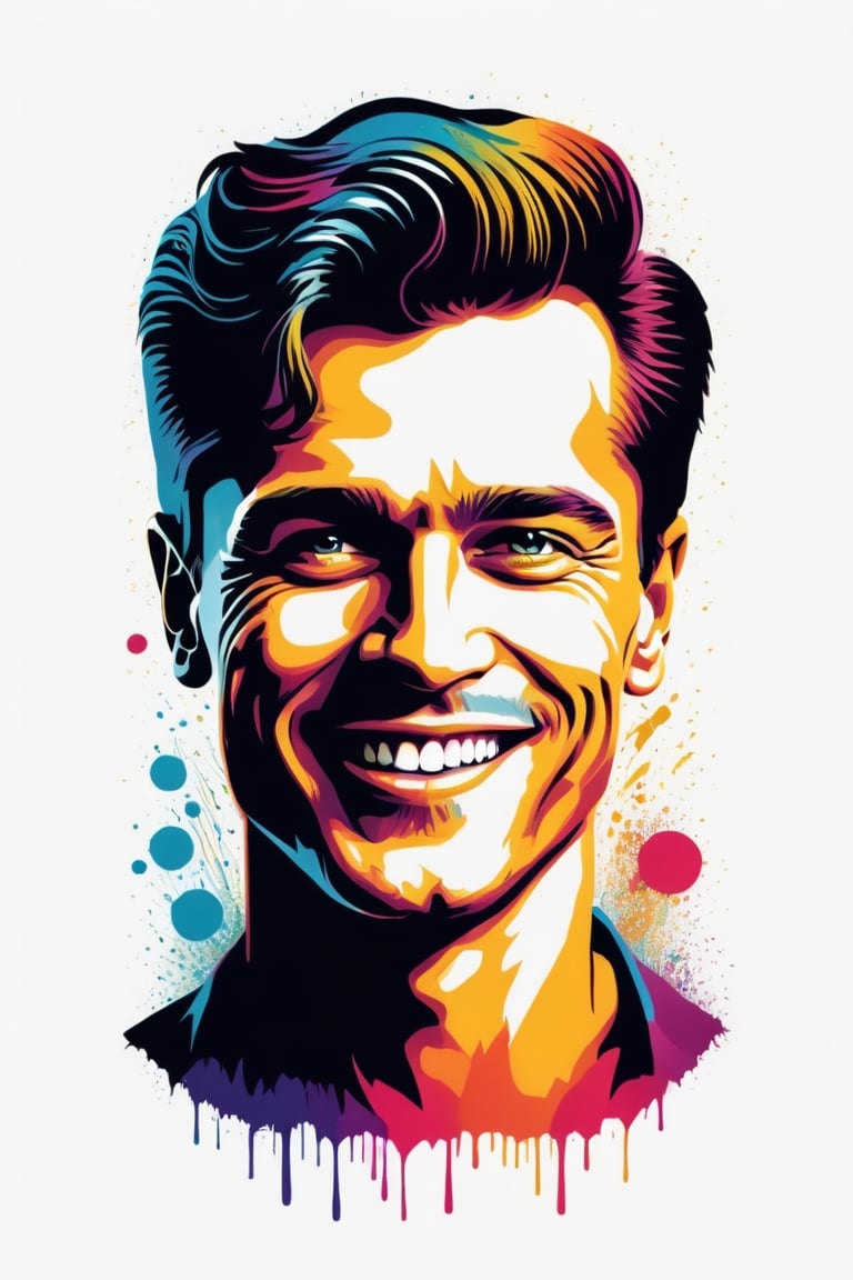 Vintage tshirt print design (on a white background:1.2), Retro Silhouette drawing of a smile man from the front, with colors ink pop art blackground ,delicate,filigram,centered,intricate details,high resolution,4k, illustration style,Leonardo Style,,dewong,wong-terminator