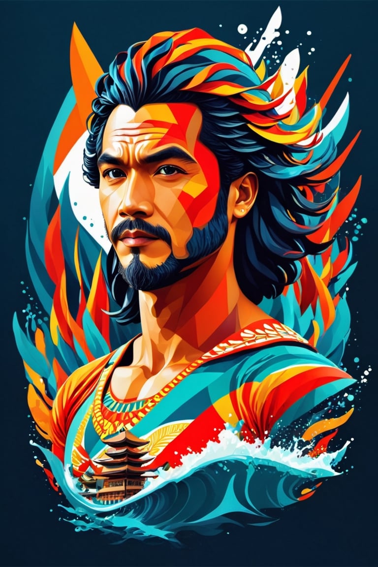 a Indonesia man  poster as at Aquaman  movie, symetrical, vector illustration, Leonardo Style,tshirt design,oni style, color splash, inkstrike (splatoon), ribbons, vibrant, full figure, ((upper body)),wongapril,ebesiyasku