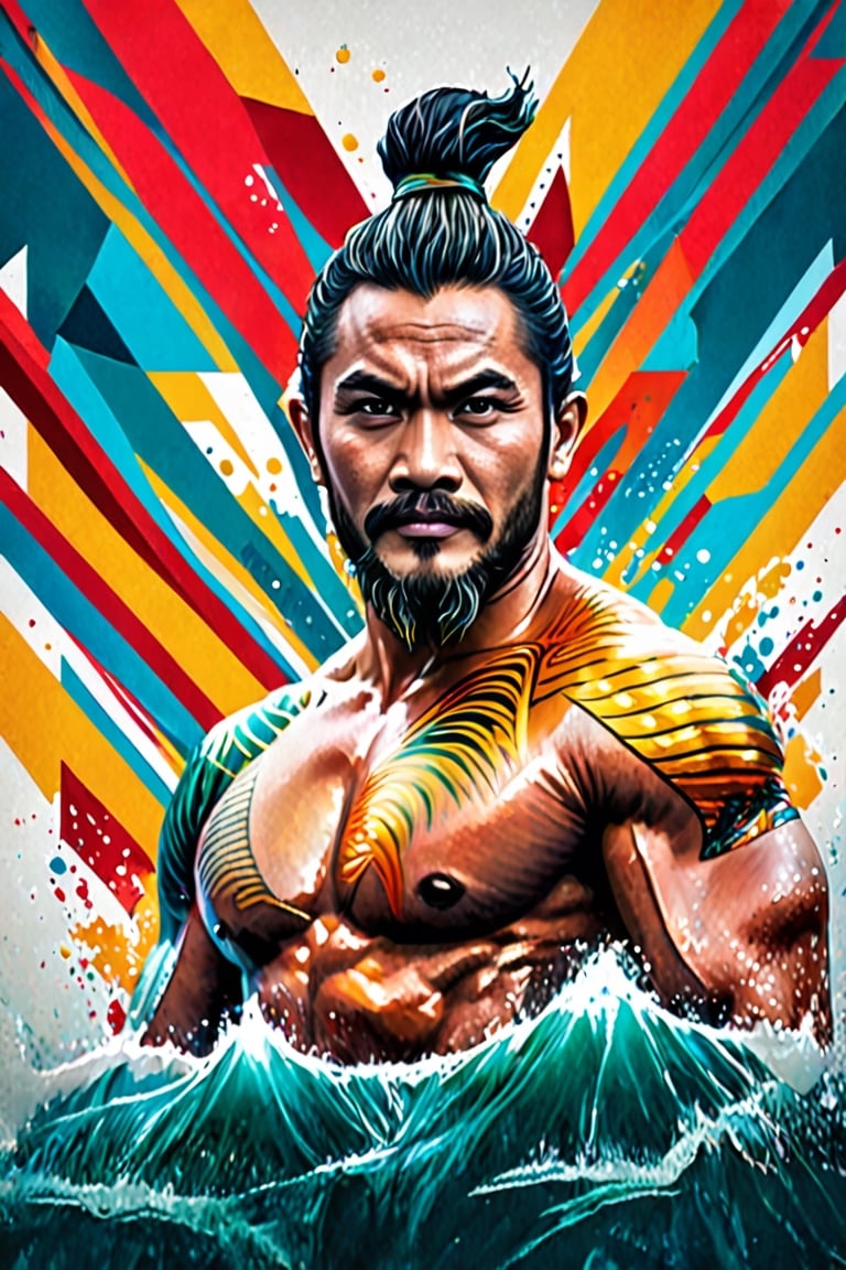a Indonesia man  poster as at Aquaman  movie, symetrical, vector illustration, Leonardo Style,oni style, color splash,ribbons, vibrant, full figure, ((upper body)),ebesiyasku