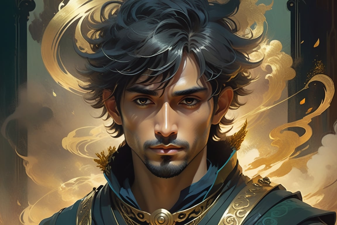llustration of a handsome Indoensian guy close up portrait, majestic, in like of mark strong, dark mage, made from dark smoke and magic, image by dorss.wlop, arthur rackham, and ismail inceoglu and bagshaw and artgerm, high dynamic, rim light, intricate, gold dust, portrait, beautifully lit, ethereal, bleak, art by guweiz and wlop and ilya kuvshinov and atey ghailan and artgerm and makoto shinkai and studio ghibli,