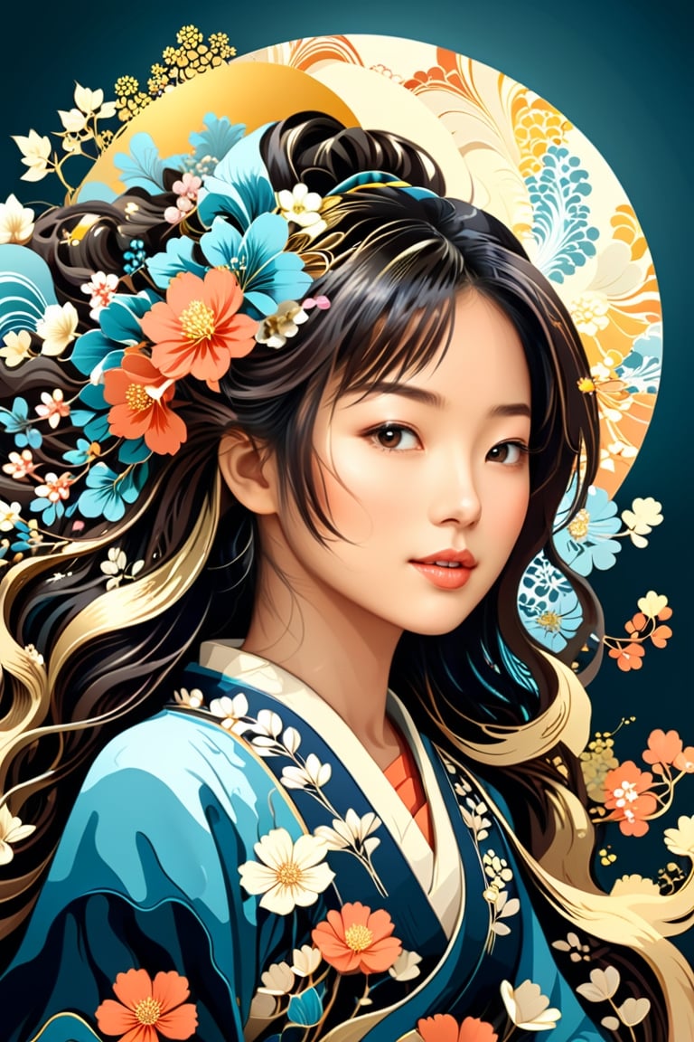 vector art, flat coloring, cel shaded, cel shading, illustration, vector illustration, vector coloring, Antique Grunge aesthetic, a alluring jAPANESE woman with flowing hair made entirely of flowers, warm and bright sunlight, a mesmerizing blend of light and shadow. masterpiece, absurdres, intricate details abstract vector fractal, wave function, Zentangle, 3d shading,vector art illustration