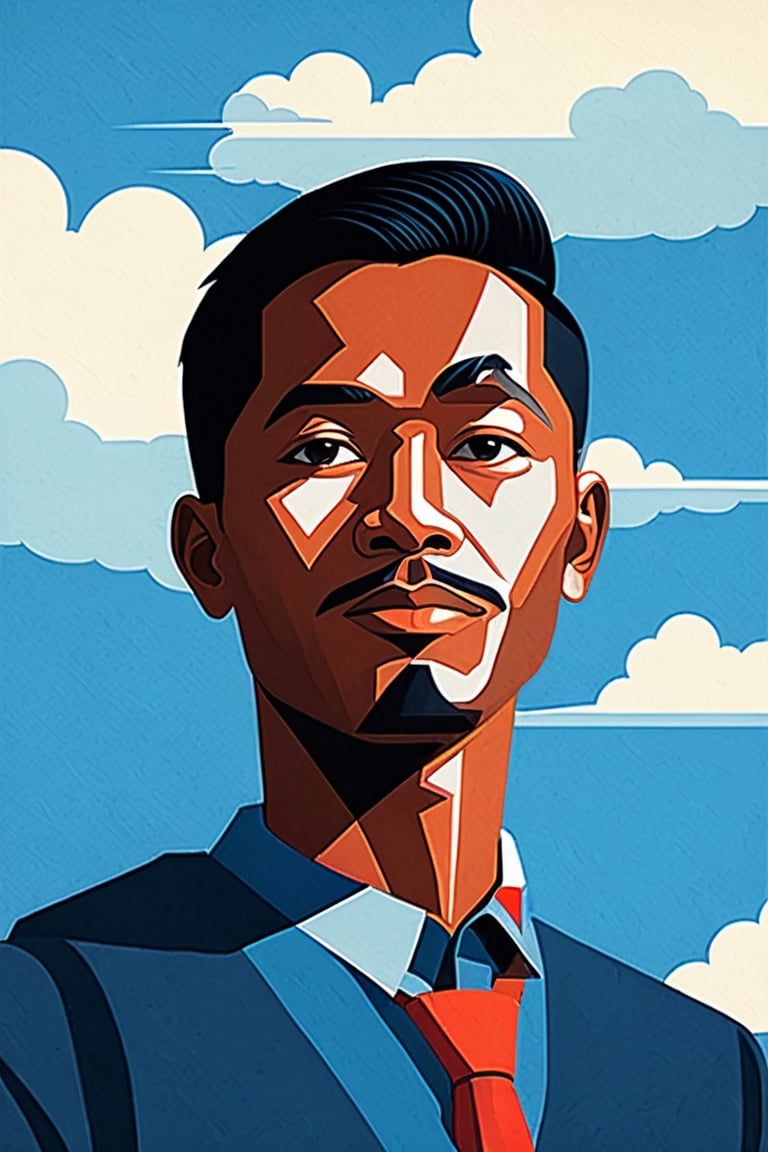 30years old Indonesia man, with blue sky, in the style of john holcroft, minimalist illustrator, linear elegance,more detail dewong