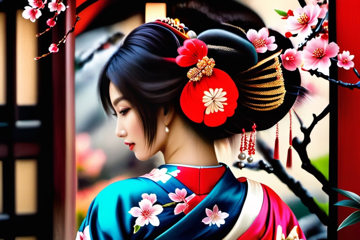 A (((hyper-realistic portrait))) of a poised female model representing Japan, dressed in a flowing ((kimono)) adorned with intricate floral patterns, accessorized with a (((decorative obi belt))), ornamental hairpins, and understated makeup reflective of traditional Japanese style. Her face exudes tranquility, with one hand softly resting on the sleeve of her kimono, framed by the delicate foliage of a (cherry blossom-filled Japanese garden) in the background,chan-wong