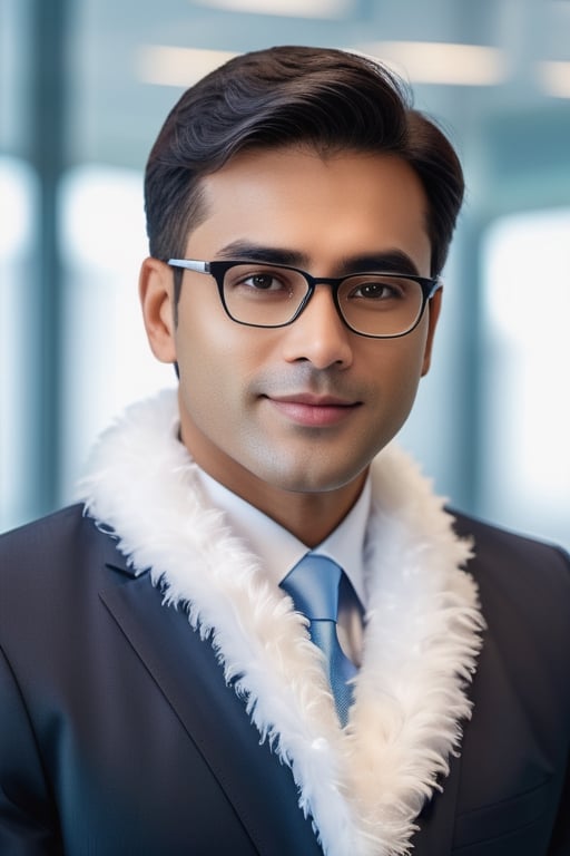 RAW photos, photo of a male banking professional, corporate, wearing a white boa, clarity of facial details, slightly blurred background details, natural lighting, HDR, realistic image, professional image, corporate look, photorealistic, Attractive, 8k UHD