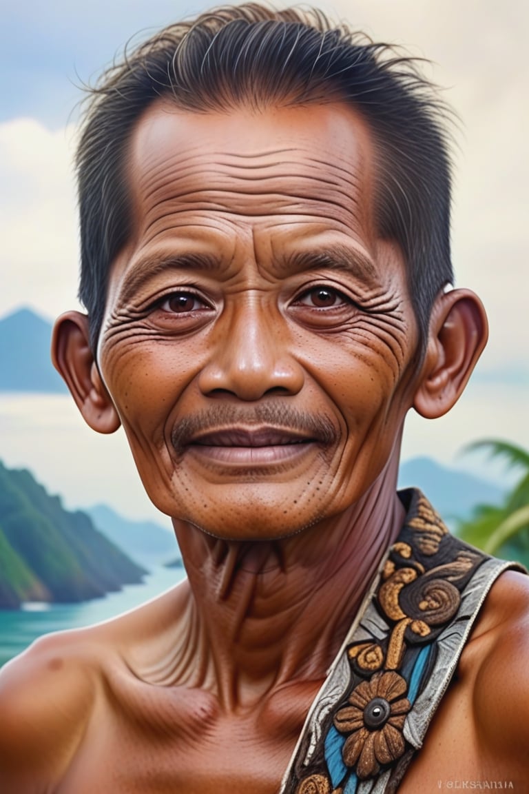 Black and brown drawing of an outdoor man,65 years old, BLACK eyes, Indonesia,little smile from under forehead, Karl Kopinski, fantasy, highly detailed, Vlop and Krenz Cushart, ornate detailing, Jean-Sebastian Rossbach, James Gene,ebes,ebezz,ebesiyasku