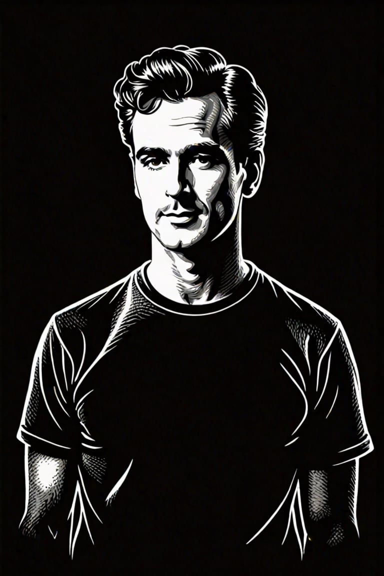Vintage tshirt print design (on a black background:1.2), Retro Silhouette drawing of a nice man from the front, with black white color ,black background,pencil sketch,CEO