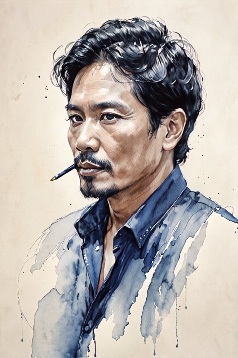 pencil Sketch of a cool indonesia man 45 years old, with black hair,alluring, portrait by Charles Miano, ink drawing, illustrative art, soft lighting, detailed, more Flowing rhythm, elegant, low contrast, add soft blur with thin line, full lips, black eyes, blue clothes,CEO,dewong