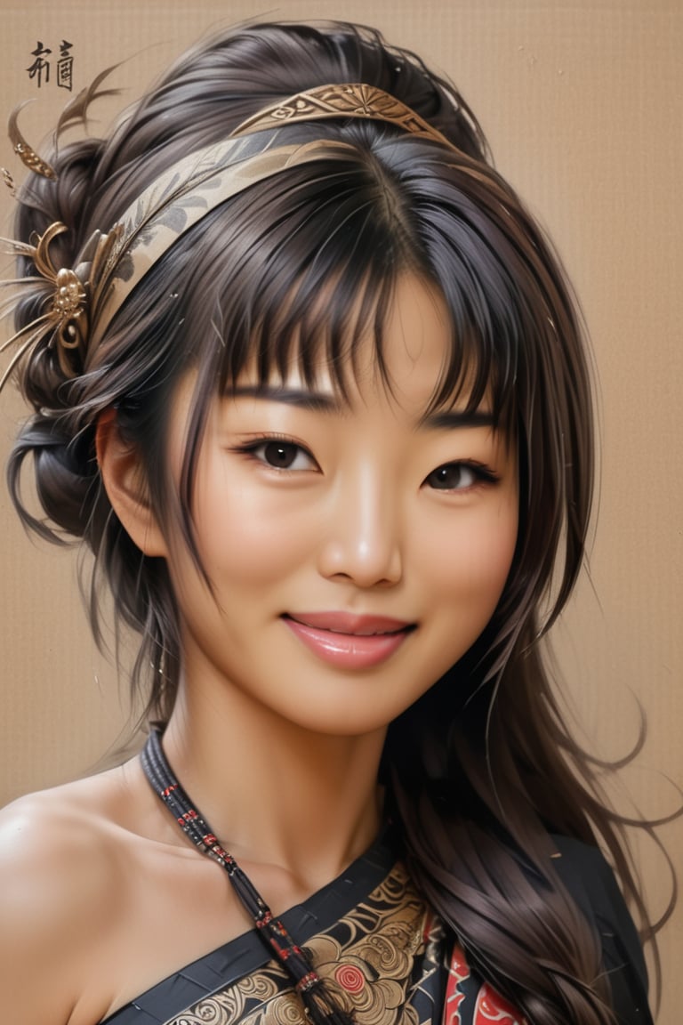 Black and brown drawing of an japanese woman, sly smile from under forehead, on kraft paper, Karl Kopinski, fantasy, highly detailed, Vlop and Krenz Cushart, ornate detailing, Jean-Sebastian Rossbach, James Gene,CEO,more detail XL,wongjepun2