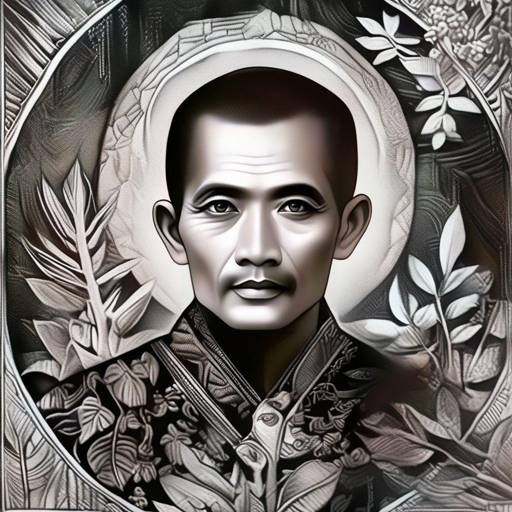 a half body portrait,Scratch board illustration, Indonesia man 35years, in a botanical elips frame,black eyes,black hair, close up portrait, centered,intricate details,high resolution,4k, illustration style, Over all Detail, Scratch board illustration,wong-ebes,pencil sketch