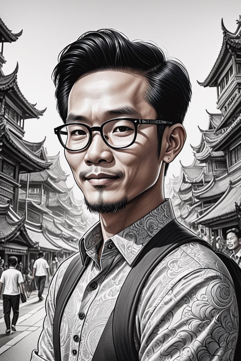 Indonesian comics 30 years old man,character sketch,pencil）,intricately details,finely detailled,Hyper-detailing,Caricature,Wong-Tigo,dewong,CEO