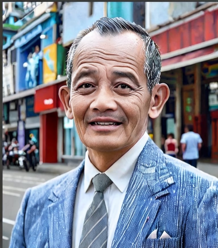 create a hyper realistic vertical photo of Indonesia happy man in her 60s, short hair, trending on artstation, portrait, digital art, modern, sleek, highly detailed, formal, determined, blue business suit,EBESKUH,photorealistic,Masterpiece,SD 1.5