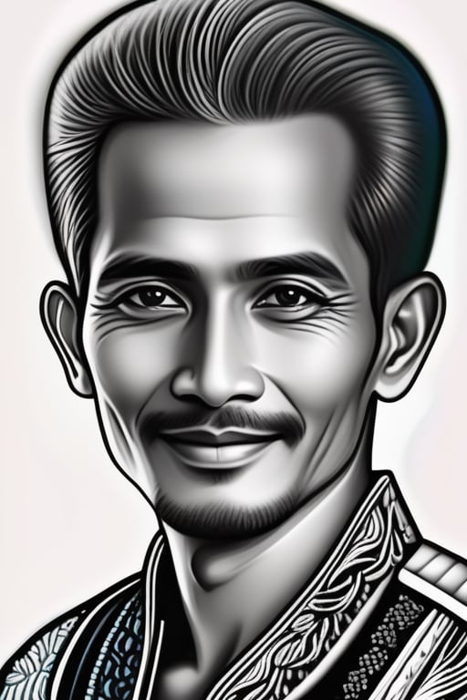 centered, uncropped,a half body portrait,colouring book, Indonesia man 65 years, black eyes, close up portrait, Silhouette drawing of a smile man from the front, centered,intricate details,high resolution,4k, illustration style,Leonardo Style,OverallDetail,  fantasy novel illustration sketch, Coloring Book,ColoringBookAF, ,ebes