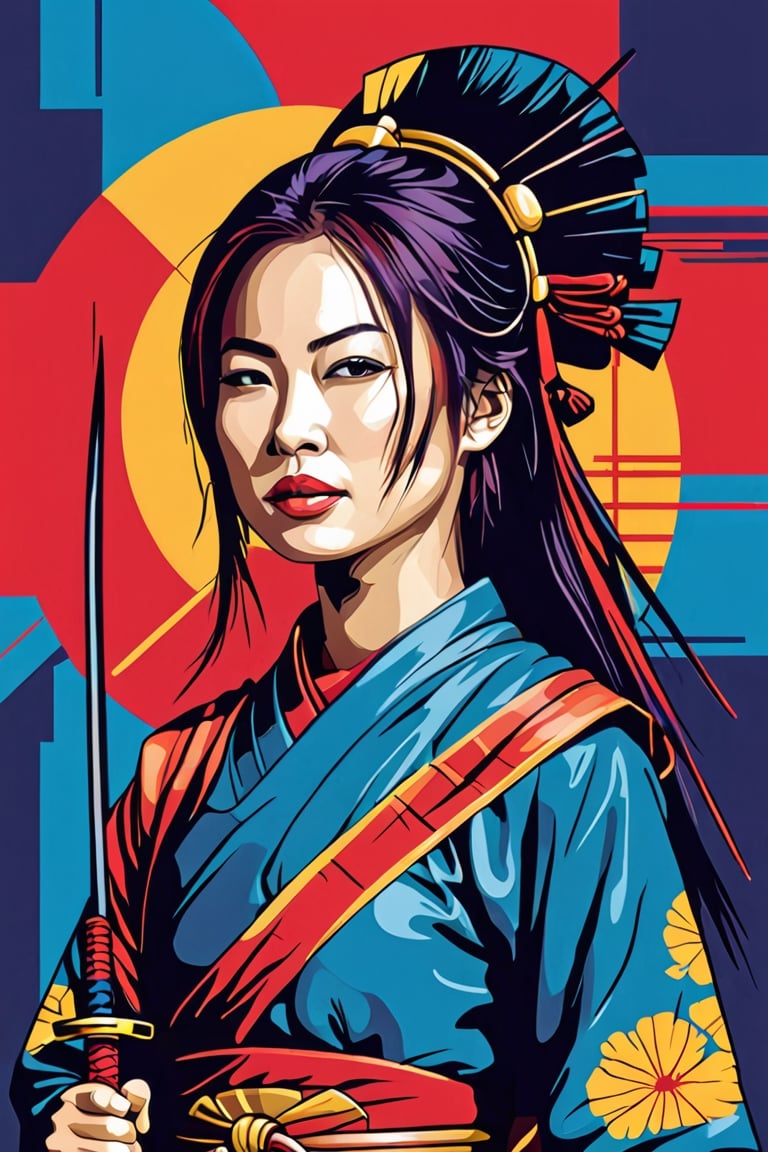 Japanese woman warrior, digital artwork, bold lines, vibrant, simplify vector, saturated colors,AiArtV,chan-wong,dabuFlatMix_v10.safetensors