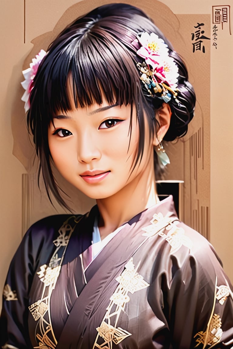 Black and brown drawing of an Japanese Woman, on kraft paper, Karl Kopinski, fantasy, highly detailed, Vlop and Krenz Cushart, ornate detailing, Jean-Sebastian Rossbach, James Gene,CEO,wong-chan