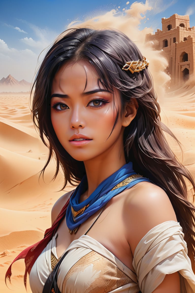 A manhwa inspired double exposure portrait artwork depicting a female nomad queen in the desert, with a raging sandstorm and ancient ruins superimposed. The style is a textured speedpaint with large, rough brush strokes and sand particles, creating a dynamic and rugged feel. The piece, trending on ArtStation, features particles of sand that add to the chaotic atmosphere. The medium is oil on canvas, showcasing highly detailed fine art quality. The style is inspired by Arabian Nights, with its vivid, exotic imagery, and the image exudes a mystical aesthetic. The painting's texture and brushwork bring life and energy to the desert scene. Manhwa style inspired. Grainy texture. Glitchcore. Textured dark background,wongjepun2