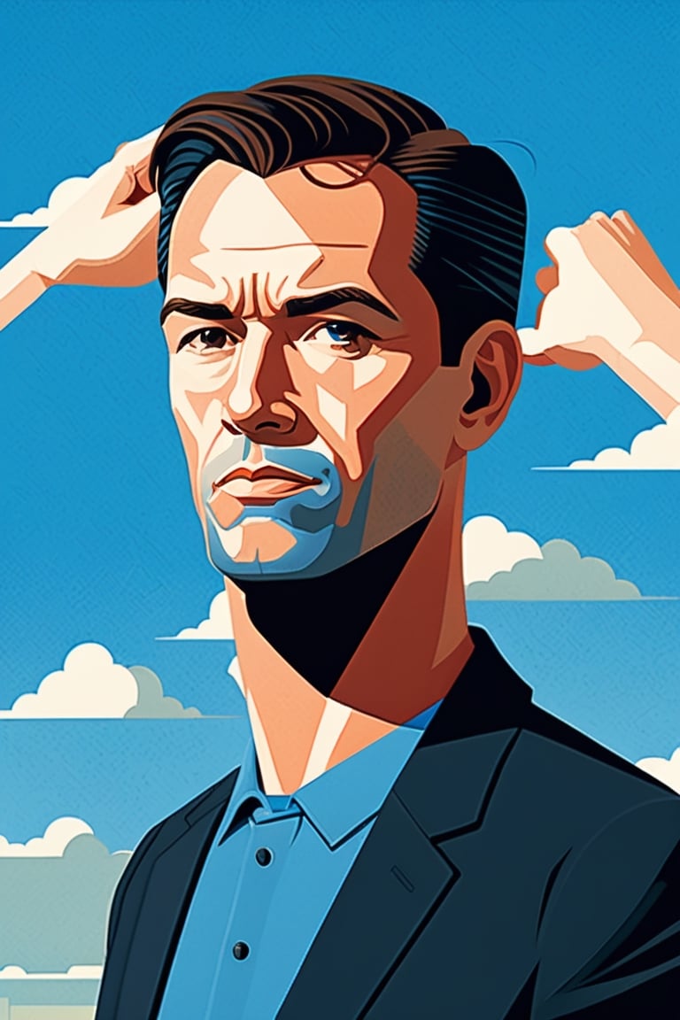 30years old Man , with blue sky, in the style of john holcroft, minimalist illustrator, linear elegance,,more detail XL,wong-terminator