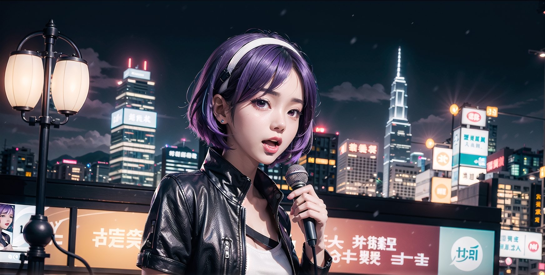 {{best quality}}, {{masterpiece}}, 8k, Highly detailed, ultra-fine painting, 1 girl, (solo : 1.25) , (LE SSERAFIM), (pretty face : 1.25), short purple hair, lovely, cool, BLACK mini skirt, K-POP, singing, rock band, future city. Hong Kong, snowy night