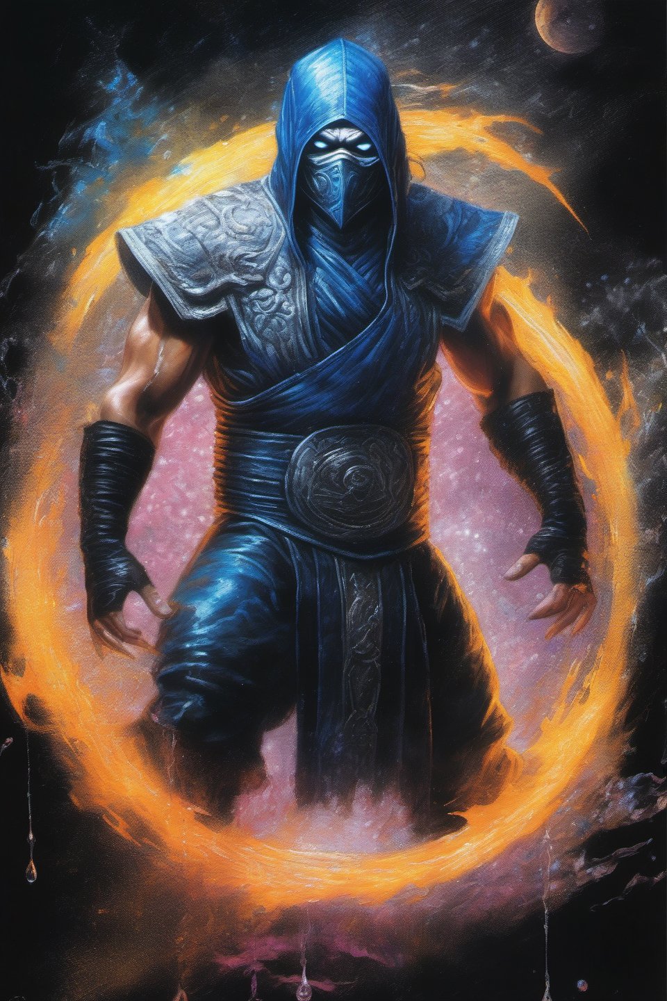 Sub-Zero (male),  Kuai Liang,  Mortal Kombat, xtremely vibrant colours, normal skin Highly detailed, highly cinematic, close-up image of a deity of magic, perfect composition, psychedelic colours, magical flowing water, forest nature, silver fullmoon, lots of details, rain downpour hurricane thunder lightnings sparkles metallic ink, beautifully lit, a fine art painting by drew struzan and karol bak, gothic art, dark and mysterious, ilya kuvshinov, russ mills, dragonlike
