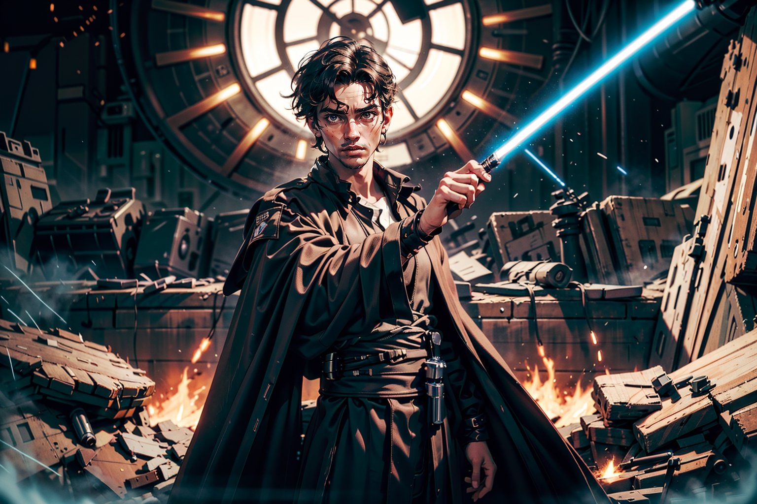 Jedi, Master, Male_Warrior, Male Knight, 18 years old, black wavy hair, light olive skin, Black Trench_Coat, black leather Clothes, Fight_Traces, 1 Boy, 1 light sabre ,SateleShan,in jedioutfit,light_saber,black dress,cloth pieces