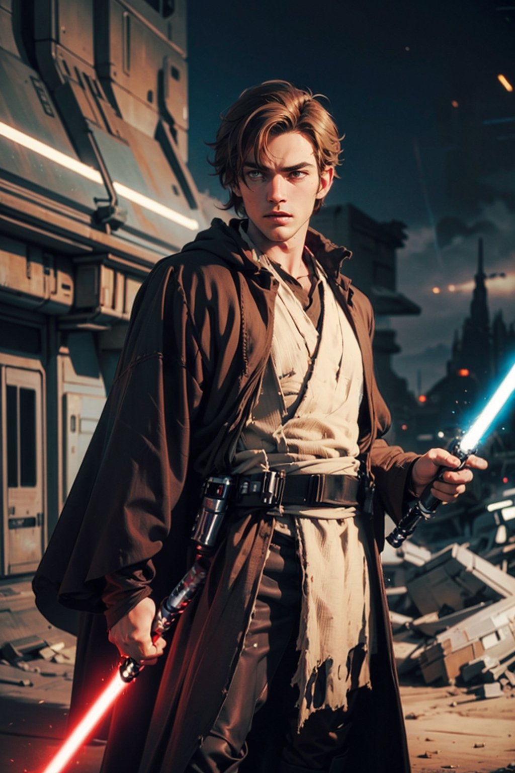 Jedi, Master, Male_Warrior, Male Knight, Torn_Cloak, Torn Clothes, Fight_Traces, 1 Boy, a handsome young Man, Brown wavy hair, 18 years old, (Multiple_Enemies,surrounded_Enemies), in jedioutfit, torn clothes, correctly wielding a lightsaber, light_saber, black dress, cloth pieces, storm trooper